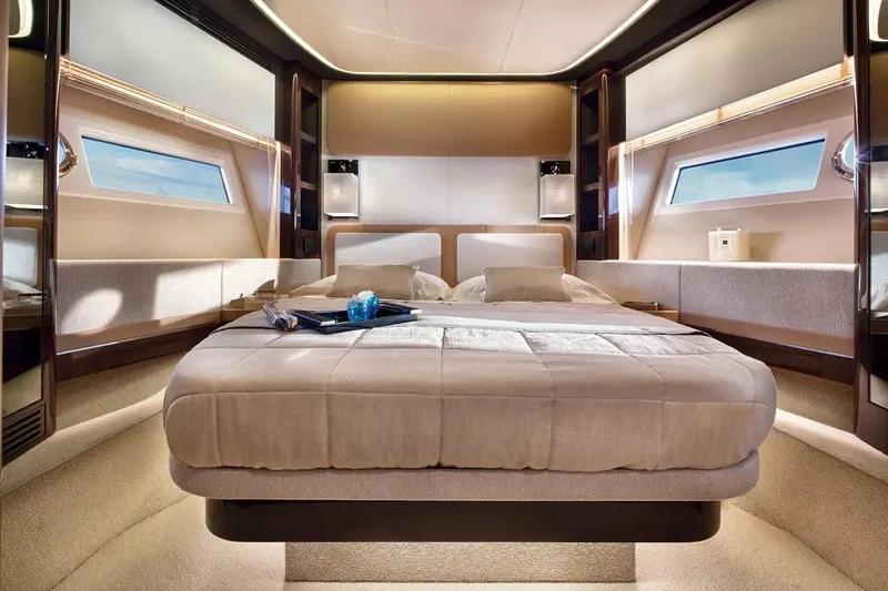  Yacht Photos Pics Luxurious bedroom interior of 2015 Azimut 77S yacht with elegant design and panoramic windows.