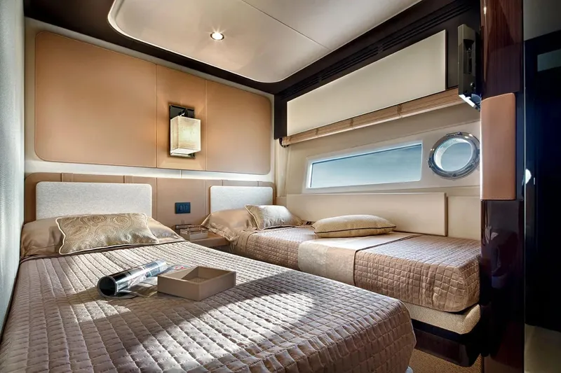  Yacht Photos Pics Luxurious twin bedroom in 2015 Azimut 77S yacht, featuring elegant decor and modern amenities.
