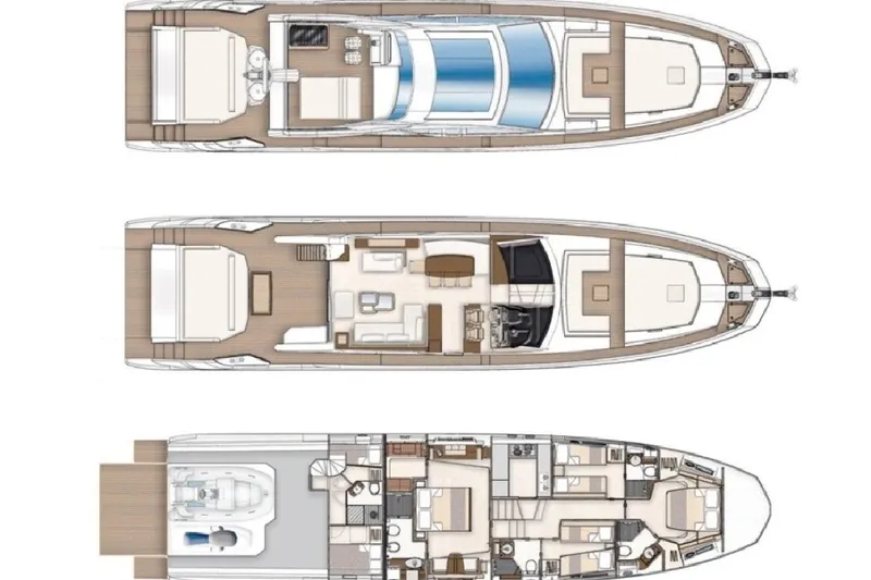  Yacht Photos Pics Floor plan of a 2015 Azimut 77S luxury yacht, showcasing three levels.