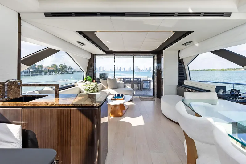 Panda Yacht Photos Pics Luxurious interior of 2017 Azimut 77S yacht with modern design and panoramic views.