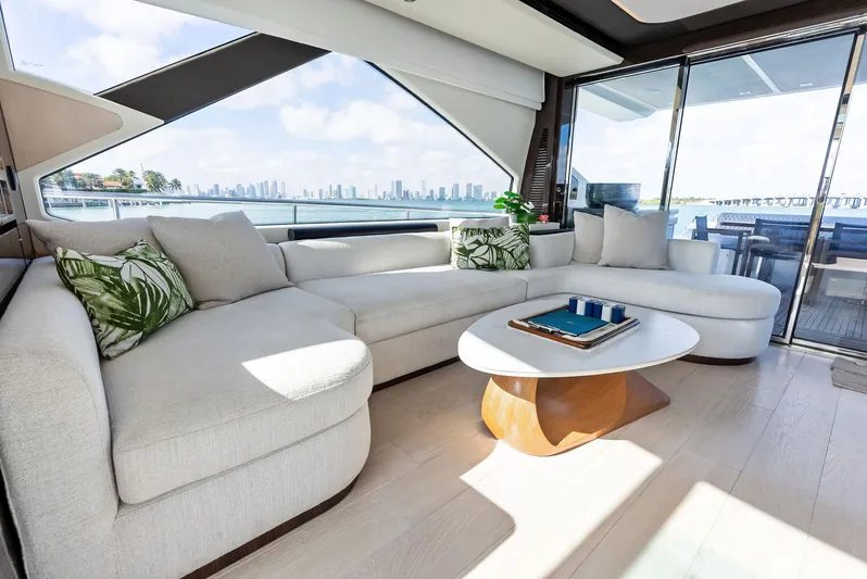 Panda Yacht Photos Pics Luxurious interior of 2017 Azimut 77S yacht with elegant seating and scenic views.