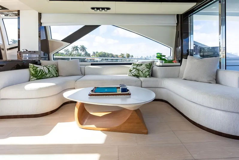 Panda Yacht Photos Pics Luxurious interior of 2017 Azimut 77S yacht with modern seating and elegant decor.
