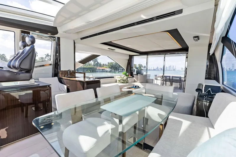 Panda Yacht Photos Pics Luxurious interior of 2017 Azimut 77S yacht with modern furnishings and panoramic windows.