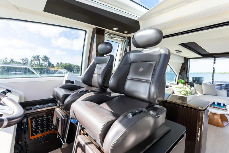 Panda Yacht Photos Pics Luxurious interior of 2017 Azimut 77S yacht with leather seating and panoramic windows.