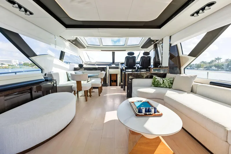 Panda Yacht Photos Pics Luxurious interior of 2017 Azimut 77S yacht with modern seating and panoramic windows.
