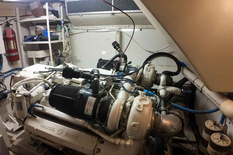  Yacht Photos Pics Engine room of a 1987 Viking Gulfstar boat with Detroit Diesel engine.