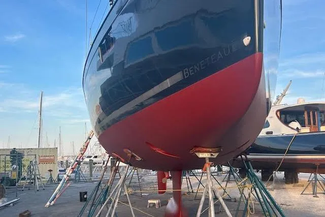 Laguna D Yacht Photos Pics 2013 Beneteau Oceanis 48 sailboat on dry dock, showcasing hull and keel.