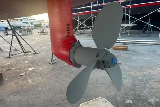 Laguna D Yacht Photos Pics Propeller of 2013 Beneteau Oceanis 48 sailboat in dry dock.