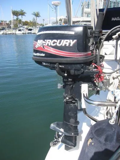  Yacht Photos Pics Mercury 60 outboard motor on a 2007 Catalina MkII sailboat in a marina.