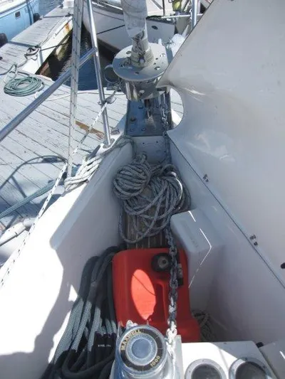  Yacht Photos Pics 2007 Catalina MkII sailboat bow with anchor chain, ropes, and red fuel container.