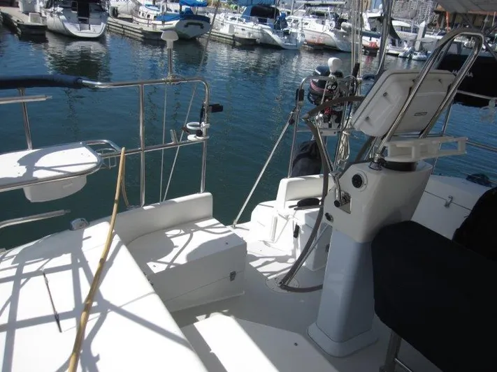  Yacht Photos Pics 2007 Catalina MkII sailboat cockpit with marina view.