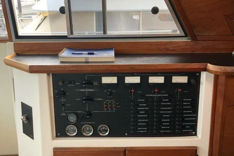  Yacht Photos Pics Control panel of a 1985 Bayliner 4550 Motoryacht with gauges and switches.