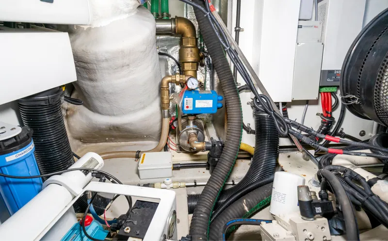 Ohana Yacht Photos Pics Engine room of 2016 Sunseeker Manhattan 55 yacht, showcasing mechanical components and wiring.