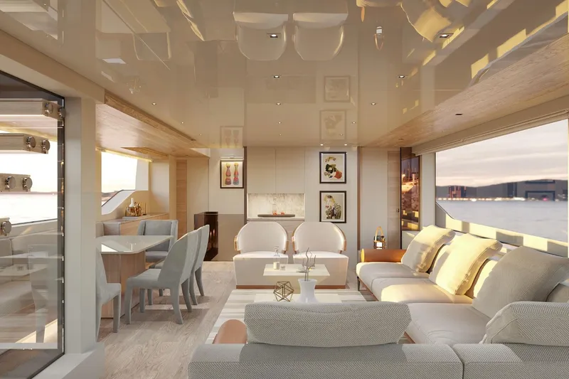 Sl90a Yacht Photos Pics Luxurious interior of 2024 Sanlorenzo SL90A yacht with elegant seating and ocean view.