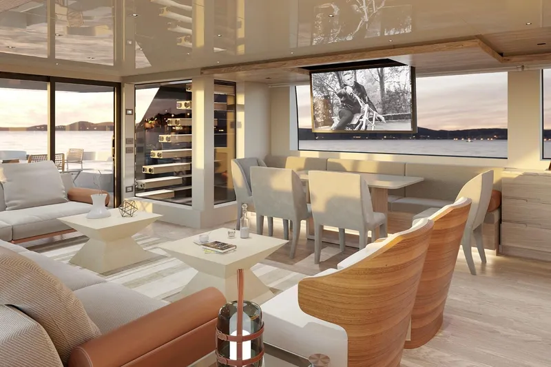 Sl90a Yacht Photos Pics Luxurious interior of 2024 Sanlorenzo SL90A yacht with elegant seating and sea view.
