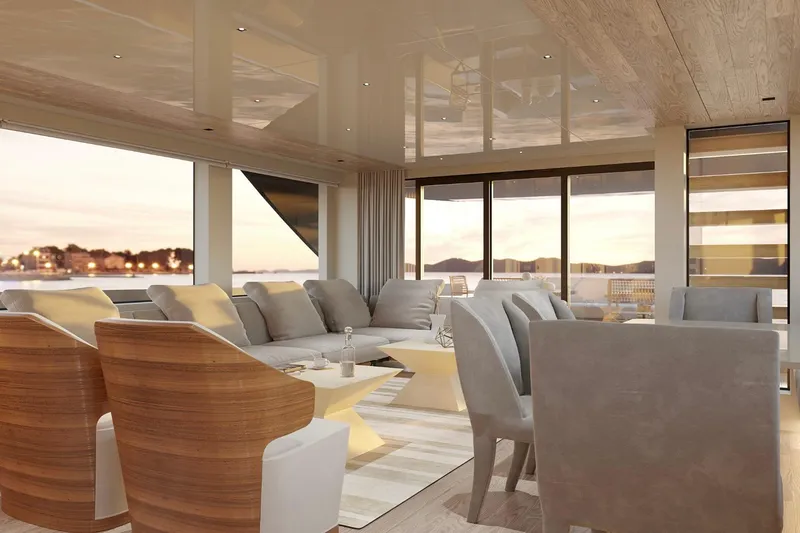 Sl90a Yacht Photos Pics Luxurious interior of 2024 Sanlorenzo SL90A yacht with modern seating and panoramic windows.