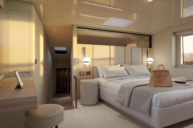 Sl90a Yacht Photos Pics Luxurious bedroom interior of 2024 Sanlorenzo SL90A yacht, featuring elegant decor and modern amenities.