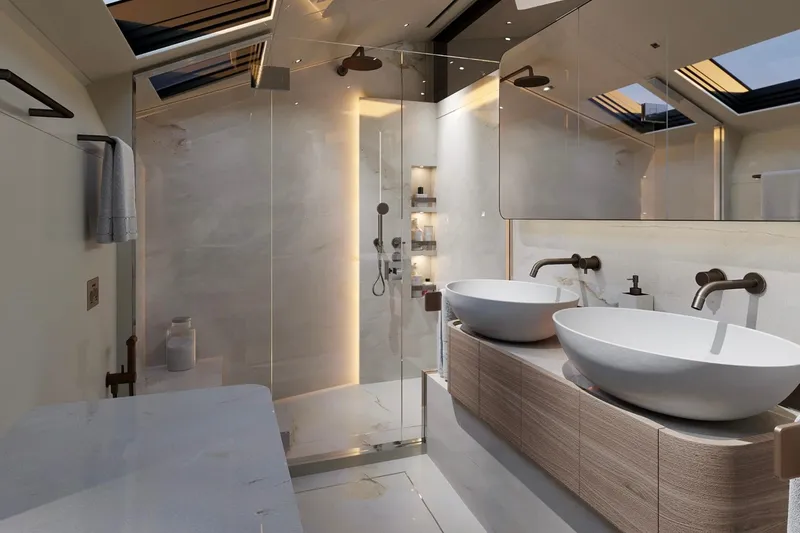 Sl90a Yacht Photos Pics Luxurious bathroom in 2024 Sanlorenzo SL90A yacht with dual sinks and modern shower.