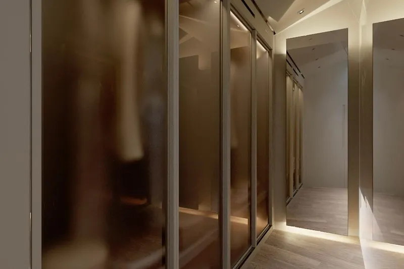 Sl90a Yacht Photos Pics Luxurious interior of 2024 Sanlorenzo SL90A yacht with elegant wood finishes and ambient lighting.