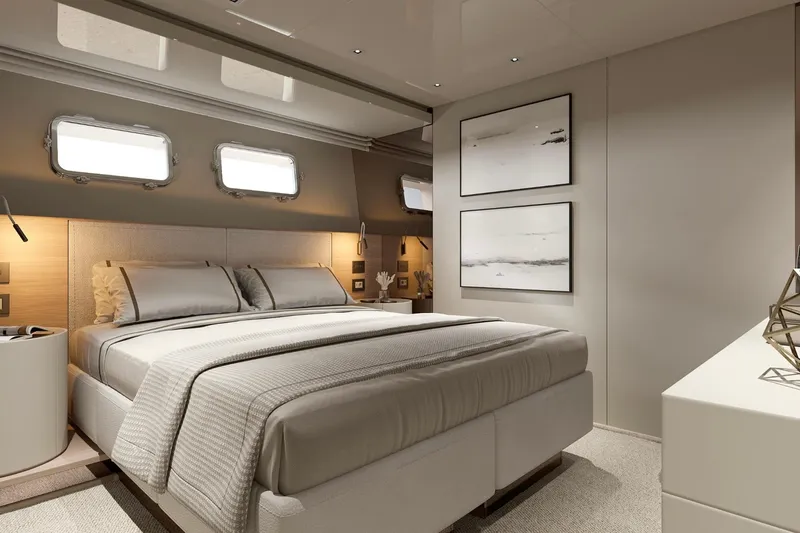 Sl90a Yacht Photos Pics Luxurious bedroom interior of 2024 Sanlorenzo SL90A yacht with modern decor and elegant design.