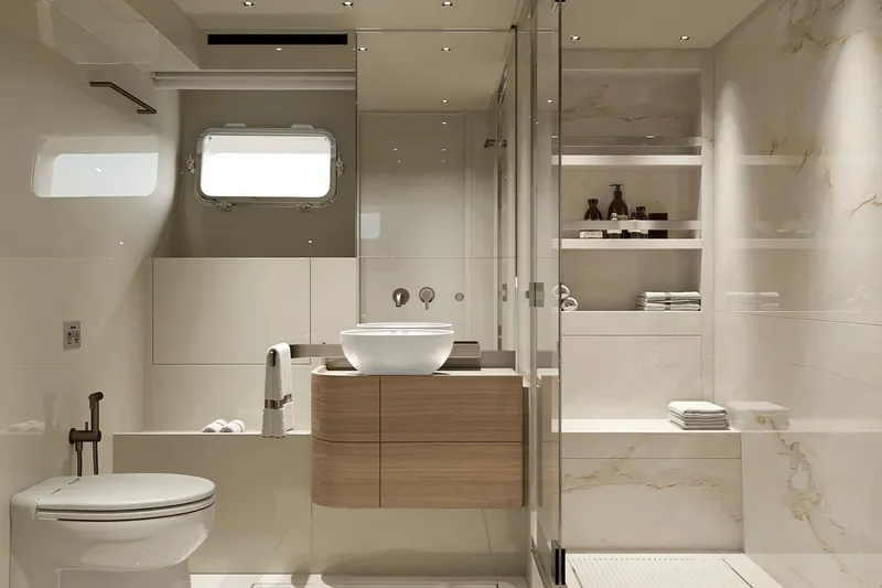 Sl90a Yacht Photos Pics Luxurious bathroom interior of 2024 Sanlorenzo SL90A yacht with modern fixtures and elegant design.