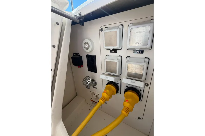  Yacht Photos Pics Electrical panel of 2014 Sea Ray 370 Sundancer with yellow power cables connected.