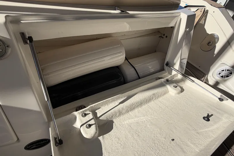  Yacht Photos Pics Storage compartment on a 2014 Sea Ray 370 Sundancer boat, featuring fenders and hydraulic struts.
