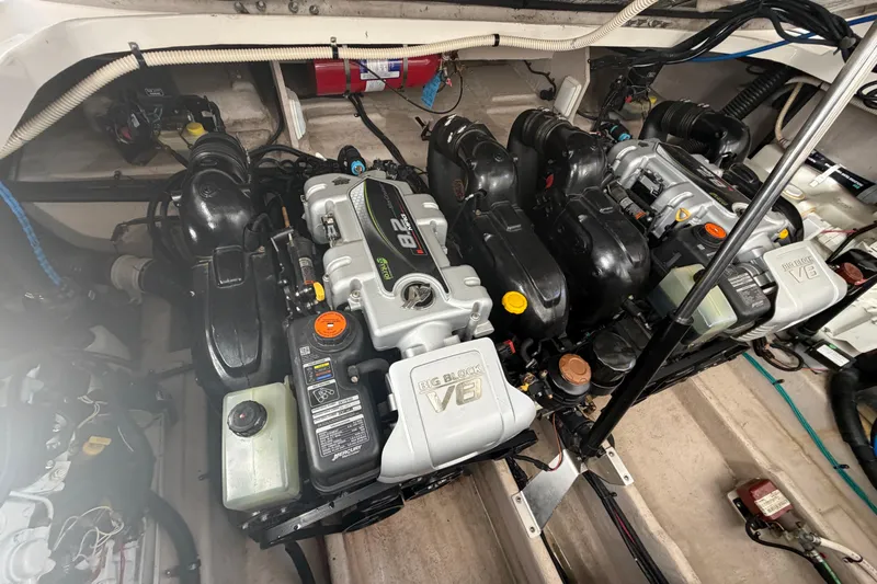  Yacht Photos Pics Engine compartment of a 2014 Sea Ray 370 Sundancer with dual V8 engines.