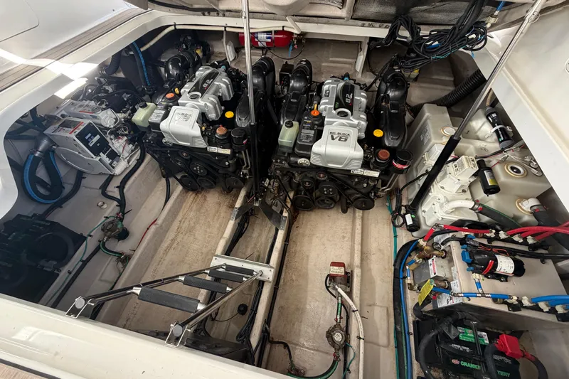  Yacht Photos Pics Engine room of 2014 Sea Ray 370 Sundancer with dual V8 engines and mechanical components.