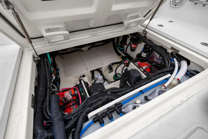  Yacht Photos Pics Engine compartment of 2018 Boston Whaler 320 Vantage, showcasing wiring and components.