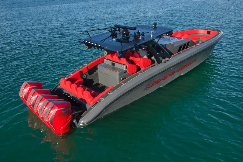  Yacht Photos Pics 2021 Midnight Express 43' Solstice boat with red seating and multiple outboard engines on blue water.