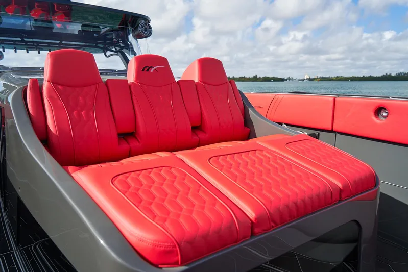  Yacht Photos Pics Red seating on 2021 Midnight Express 43' Solstice boat, ocean view.