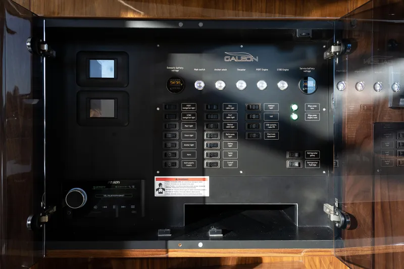  Yacht Photos Pics Control panel of 2024 Galeon 440 Fly yacht, featuring various switches and displays.