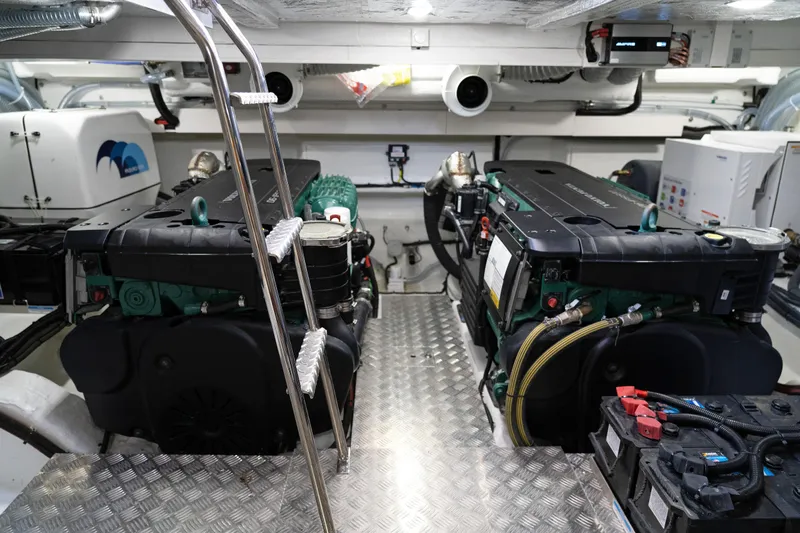  Yacht Photos Pics Engine room of 2024 Galeon 440 Fly yacht with dual engines and equipment.