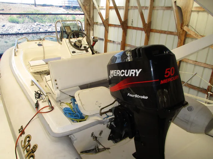 Spice Yacht Photos Pics 2000 Bayliner 5288 Pilot House with Mercury 50 FourStroke engine in a boathouse.
