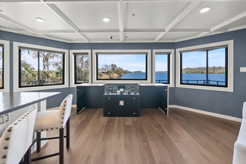 Shine Down Yacht Photos Pics Luxurious Breaux Brothers 120 GLV yacht interior with panoramic windows and modern helm, 2025 model.