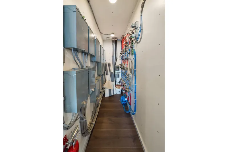 Shine Down Yacht Photos Pics Electrical control room with wiring and panels, Breaux Brothers 120 GLV, 2025 model.