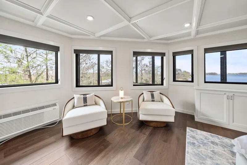 Shine Down Yacht Photos Pics Luxurious Breaux Brothers 120 GLV 2025 yacht interior with panoramic windows and elegant seating.