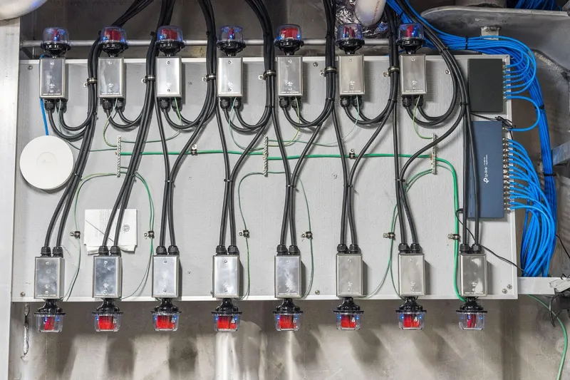 Shine Down Yacht Photos Pics Electrical panel with wiring and components, Breaux Brothers 120 GLV, 2025 model.