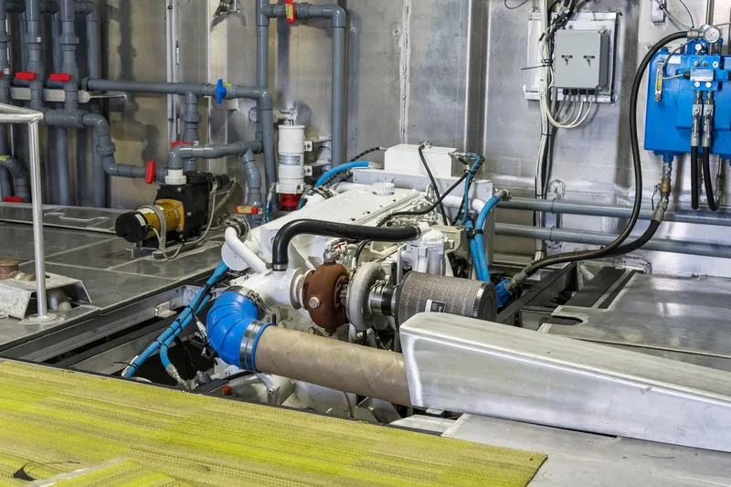 Shine Down Yacht Photos Pics Engine room of 2025 Breaux Brothers 120 GLV vessel, showcasing complex machinery and piping.