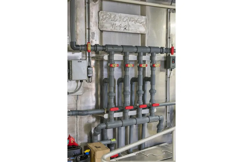 Shine Down Yacht Photos Pics Industrial piping system with valves and control boxes, Breaux Brothers 120 GLV, 2025 model.