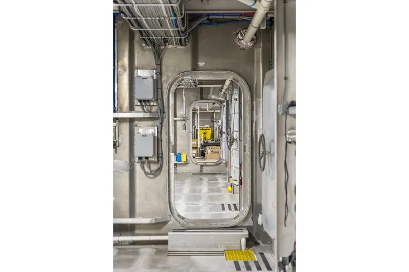 Shine Down Yacht Photos Pics Interior of Breaux Brothers 120 GLV vessel, showcasing modern industrial design, 2025 model.