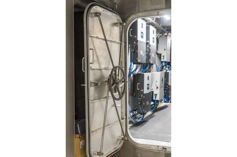 Shine Down Yacht Photos Pics Open hatch door revealing electrical equipment inside Breaux Brothers 120 GLV, 2025 model.