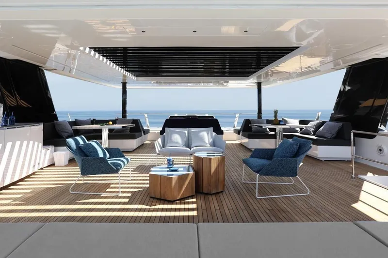  Yacht Photos Pics Luxurious Sunreef 80 Power yacht interior, 2020 model, featuring elegant seating and ocean views.