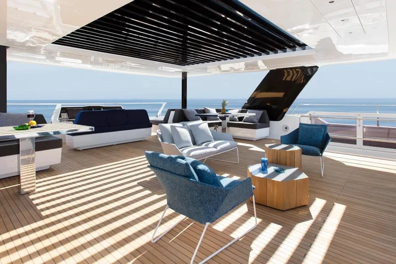  Yacht Photos Pics Luxurious Sunreef 80 Power yacht deck with modern seating, ocean view, 2020 model.