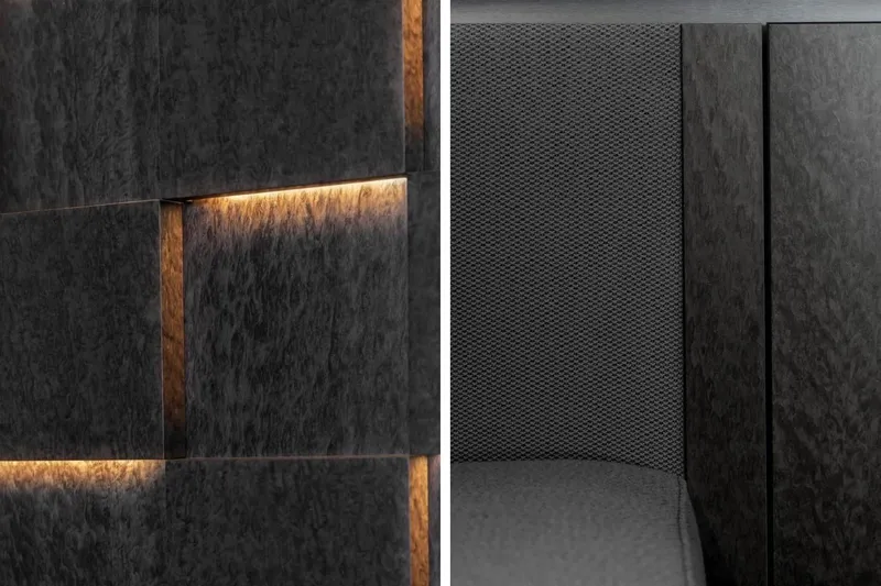  Yacht Photos Pics Luxurious interior details of 2020 Sunreef 80 Power yacht, featuring textured panels and ambient lighting.