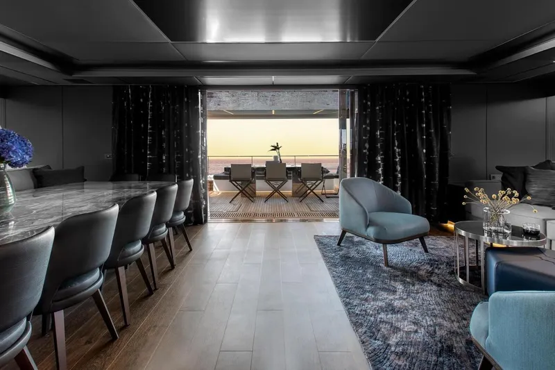  Yacht Photos Pics Luxurious interior of 2020 Sunreef 80 Power yacht with elegant dining and seating areas.