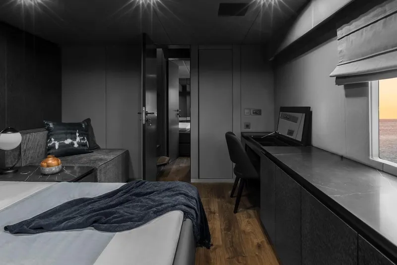  Yacht Photos Pics Luxurious interior of 2020 Sunreef 80 Power yacht with modern decor and ocean view.