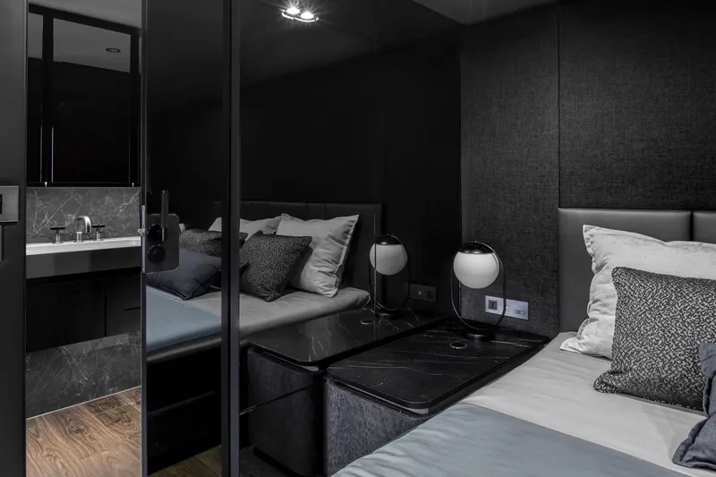  Yacht Photos Pics Luxurious bedroom interior on 2020 Sunreef 80 Power yacht with modern design and elegant decor.