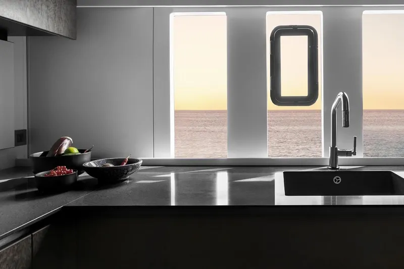  Yacht Photos Pics Modern kitchen interior on 2020 Sunreef 80 Power yacht with ocean view.